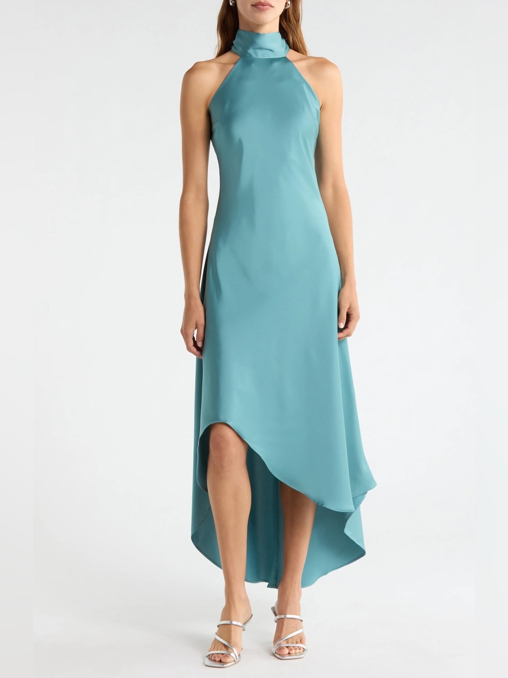 CeCe Tie Back Sleeveless High-Low Satin Dress Size 8 Peacock Teal